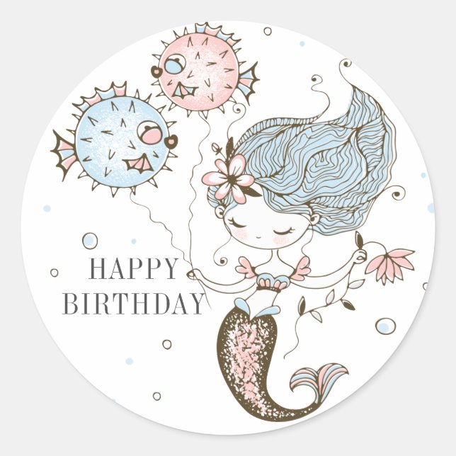 Mermaid Happy Birthday Classic Round Sticker (Vorderseite)