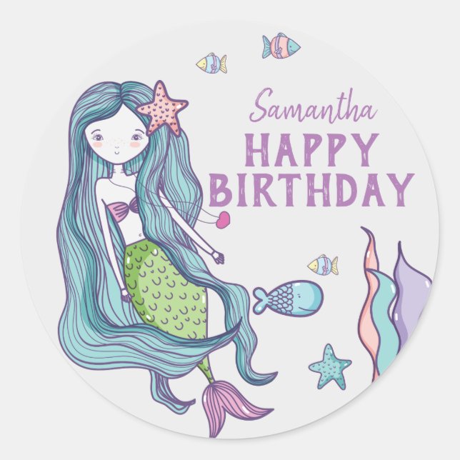 Mermaid Happy Birthday Personalisiert Runder Aufkleber (Vorderseite)
