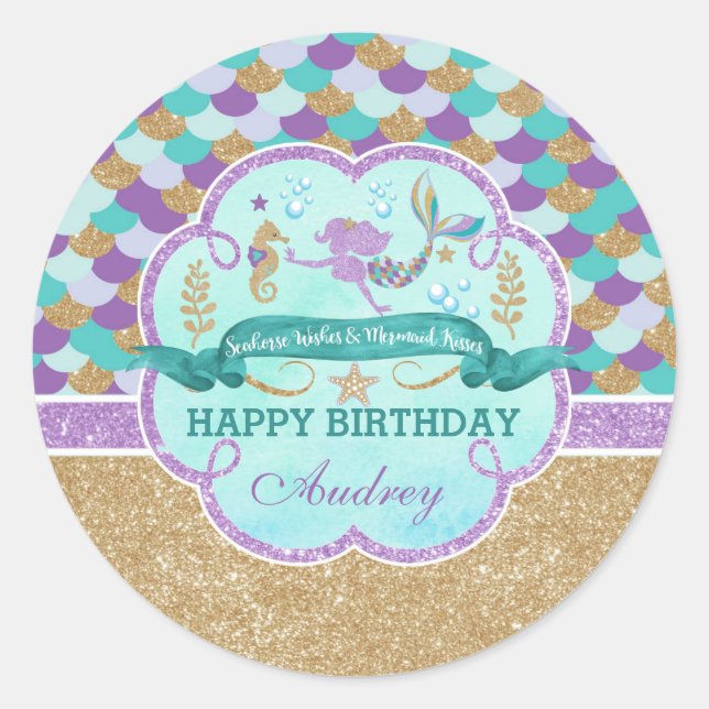 Mermaid Happy Birthday Personalisiert Sticker (Vorderseite)