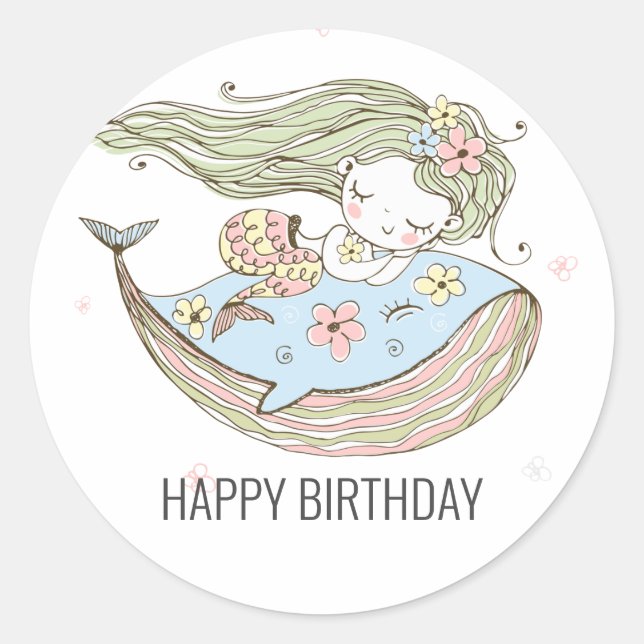 Mermaid Happy Birthday Runder Aufkleber (Vorderseite)