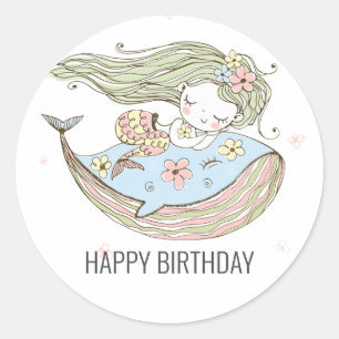 Mermaid Happy Birthday Runder Aufkleber