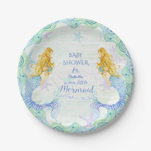 Mermaid in Starfish Baby Dusche Wasserfarbe Holz A Pappteller