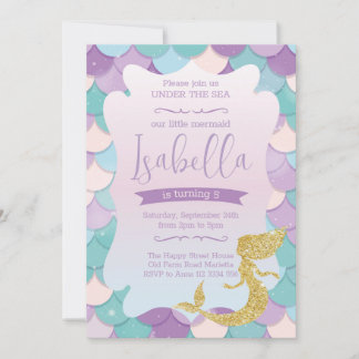 Mermaid Invitation for Birthday Party Gold Glitter Einladung