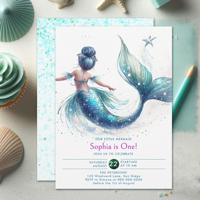 Mermaid Iridescent Glitzer Under Sea 1er Geburtsta Einladung (girls 1st birthday invitation mermaid under the sea cute character watercolor adorable holographic)