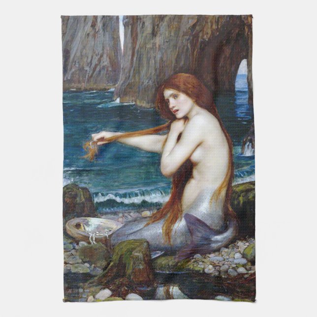 Mermaid, John William Waterhouse Geschirrtuch (Vertikal)