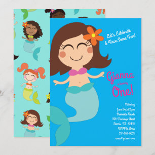 Mermaid Kindergeburtstag Brown Hair Einladung