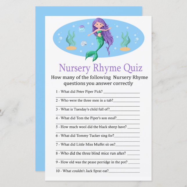 Mermaid Kinderzimmer Rhyme Quiz Kinderduschenspiel (Vorne/Hinten)