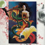 Mermaid Koi Dragon Fantasy Puzzle<br><div class="desc">Eine Meerjungfrau mit einem Koi-Fisch-Schwanz ist in das Wasser mit einem grünen chinesischen Wasserdrachen.</div>