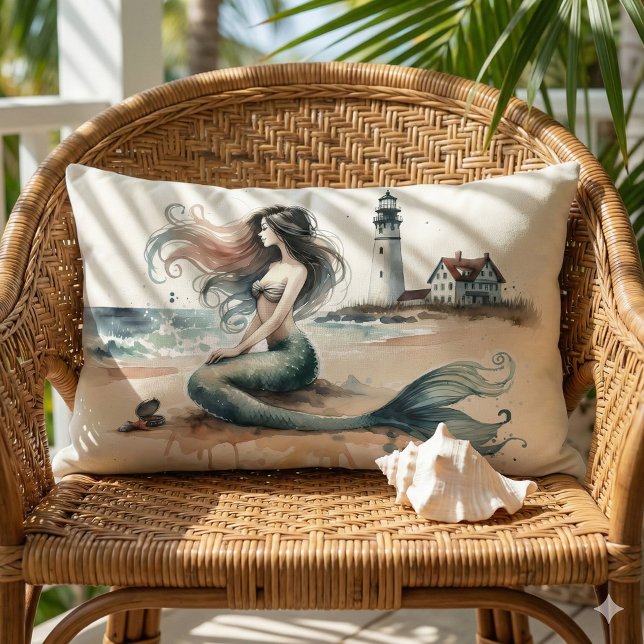 Mermaid Lighthouse Coastal Watercolor Scene Lendenkissen (Mermaid Lighthouse Coastal Watercolor Scene Lumbar Pillow Mockup A)