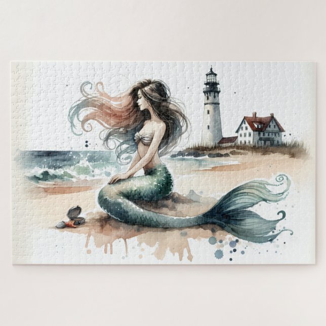 Mermaid Lighthouse Coastal Watercolor Scene Puzzle (Horizontal)