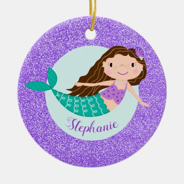 Mermaid Lila Glitzer Personalisiert Name Keramik Ornament (Vorne)