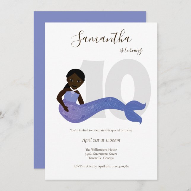 Mermaid Lila Kindergeburtstag Einladung (Vorne/Hinten)