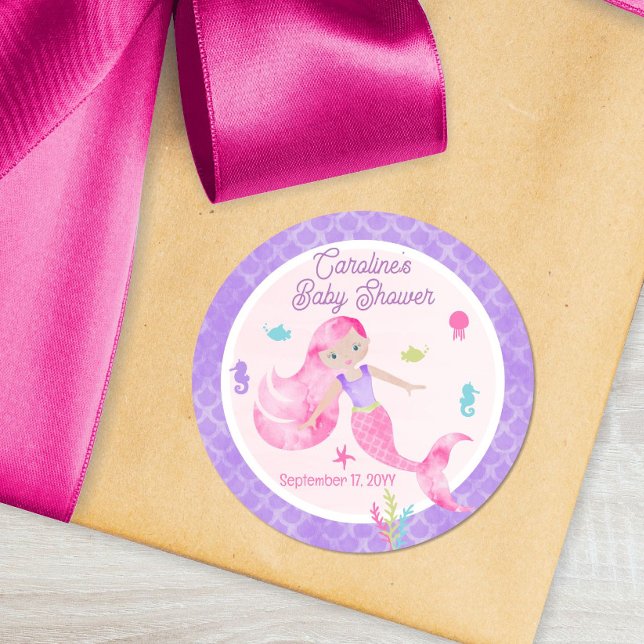 Mermaid Lila Pink Watercolor Baby Dusche Gefallen Runder Aufkleber (Von Creator hochgeladen)