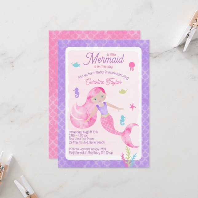 Mermaid Lila Pink Watercolor Babydusche Einladung (Vorderseite/Rückseite Beispiel)