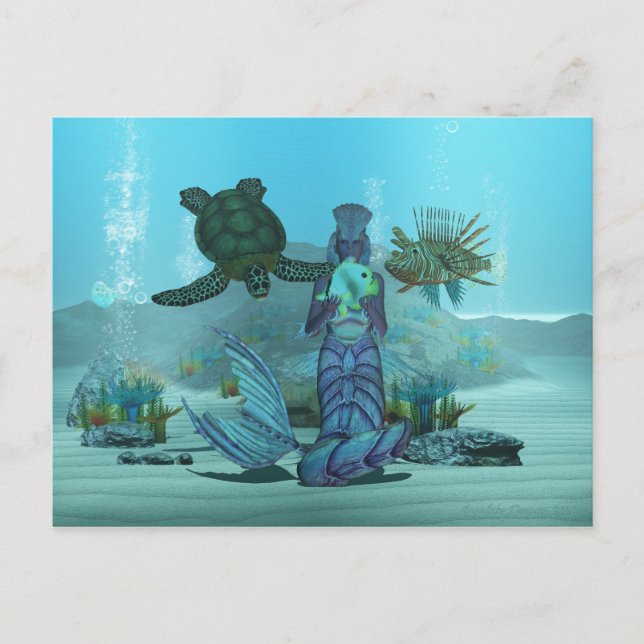 Mermaid Lionfish Turtle Underwater Post Card Postkarte (Vorderseite)
