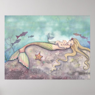 Mermaid Lullaby Mutter und Baby Wasserfarbe Printw Poster