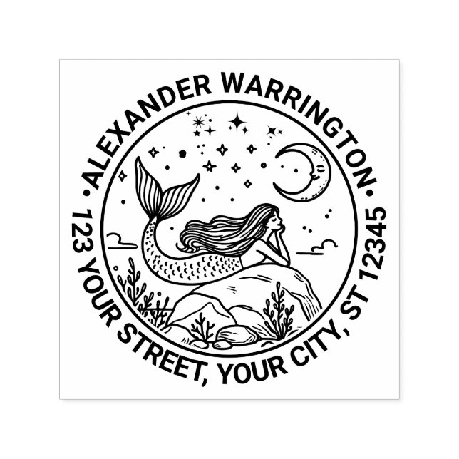 Mermaid Lying on Rocks Moon Name Rücksendeadresse Permastempel (Design)