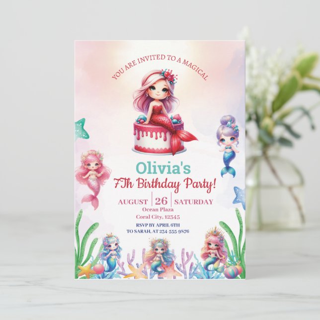 Mermaid Magical 7th Birthday Party Girl Einladung (Stehend Vorderseite)