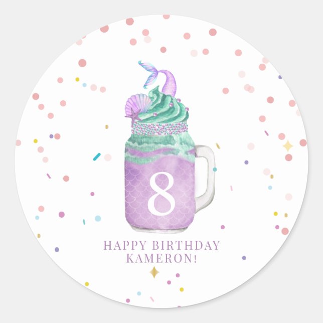 Mermaid Mason Jar Milkshake Girls Birthday Age Runder Aufkleber (Vorderseite)