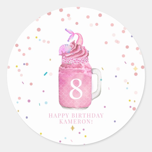 Mermaid Mason Jar Milkshake Girls Pink Birthday Runder Aufkleber (Vorderseite)