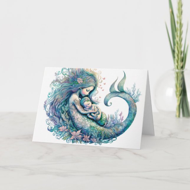 Mermaid mit Baby Watercolor Neuer Säugling Dusche Karte (Vorderseite)