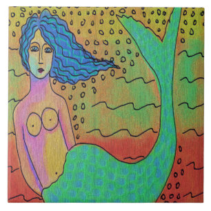 Mermaid mit Blue Hair Abstrakt Digital Painting Fliese