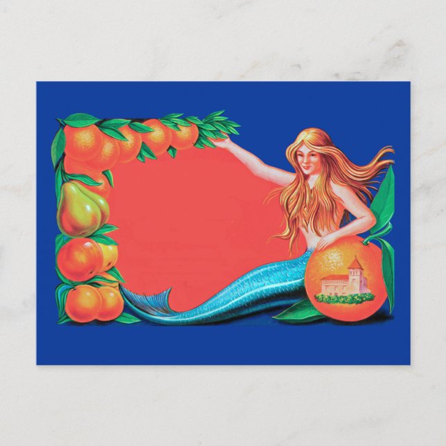 Mermaid mit Frucht Vintag Crate Art Postkarte (Vorderseite)