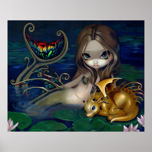 Mermaid mit Golden Dragon Art Print Fantasy Fee Poster (Vorne)