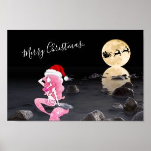 Mermaid mit Santa und Sleigh Frohe Weihnachten Poster