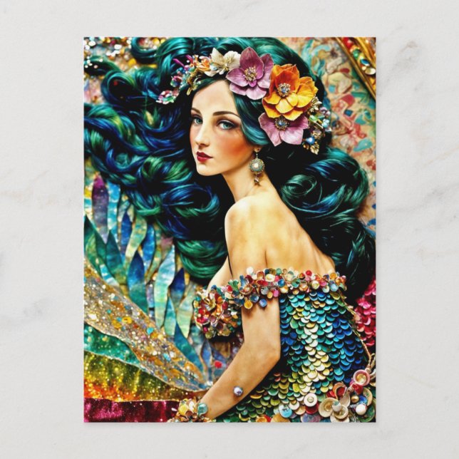Mermaid Mixed Media Collage Postkarte (Vorderseite)