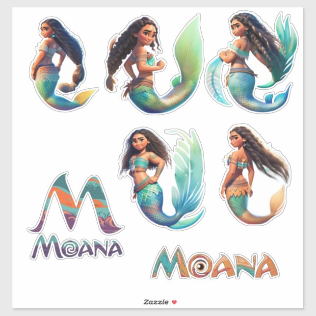Mermaid Moana Adventures Custom Cut Vinyl Sticker (Blatt)