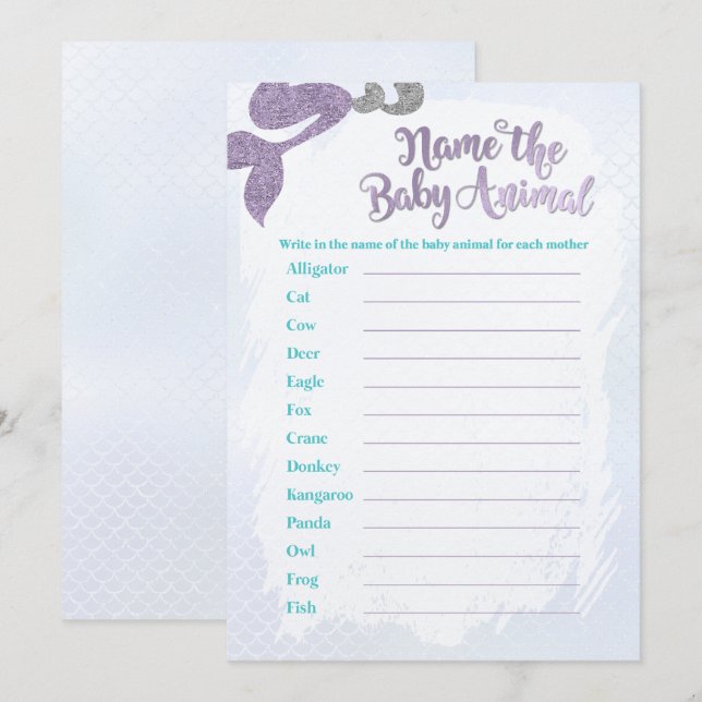 Mermaid Name the Baby Animal Game Cards Einladung (Vorne/Hinten)