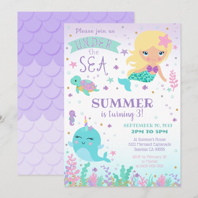 Mermaid Narwhal Invitation - Unter Meer Einladung (Vorne/Hinten)