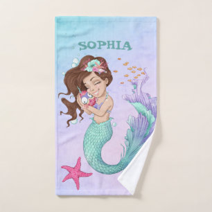 Mermaid Niedlich Blue Dark Hair Starfish Personal Badhandtuch Set