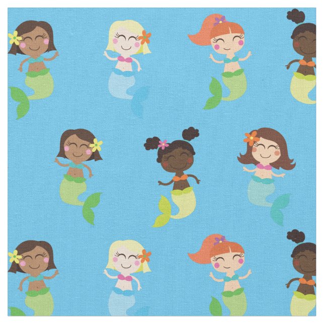 Mermaid Niedlich Cartoon Kids Print Fabric Stoff (Nahaufnahme)