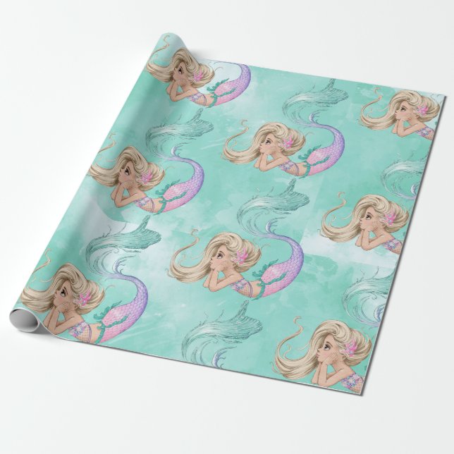 Mermaid Niedlich Pink Blue Gift Geschenkpapier (Ungerollt)