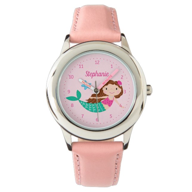 Mermaid Niedlich Pink Personalisiert Armbanduhr (Vorderseite)