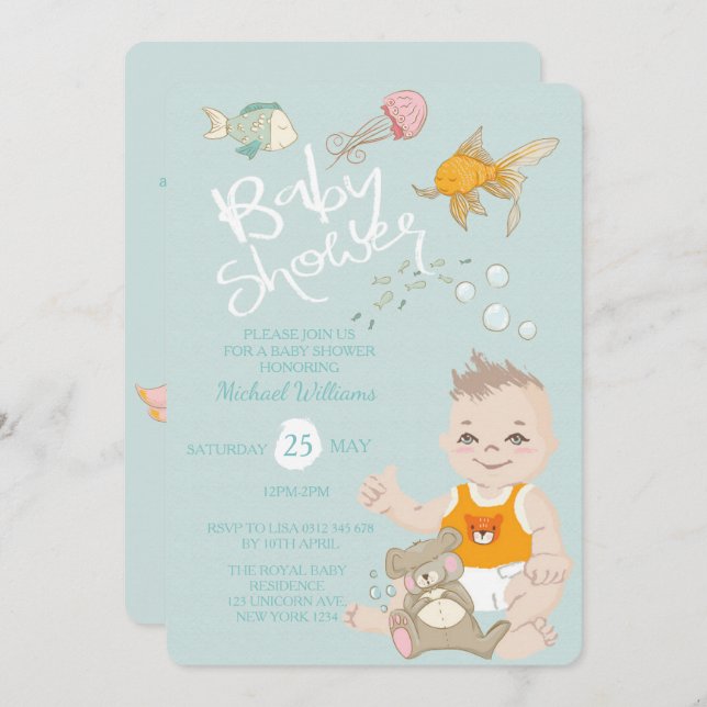 Mermaid Ocean Boy Invitation Blue Baby Dusche Einladung (Vorne/Hinten)
