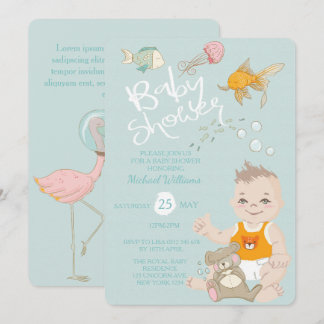 Mermaid Ocean Boy Invitation Blue Baby Dusche Einladung