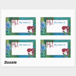 Mermaid Octopus, Blue Aqua Red Green Name Tag Rechteckiger Aufkleber