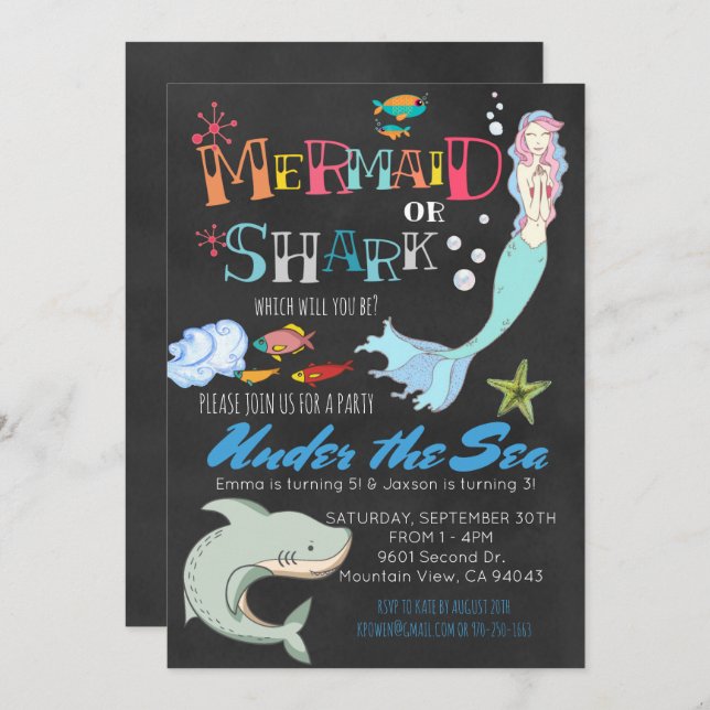 Mermaid oder Shark Co-Ed Joint Birthday Einladung (Vorne/Hinten)
