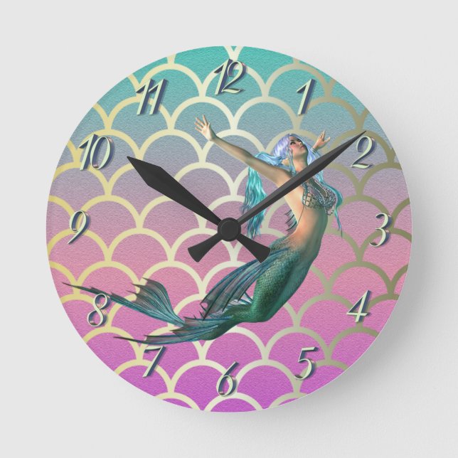 Mermaid On Ombre Mermaid Tail Scales Runde Wanduhr (Vorderseite)