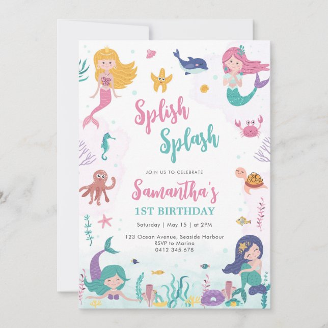 Mermaid Oneder The Sea 1st Birthday Invitation Einladung (Vorderseite)