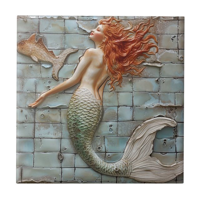 Mermaid Orange Hair Mosaik 3D-Effekt Fliese (Vorderseite)