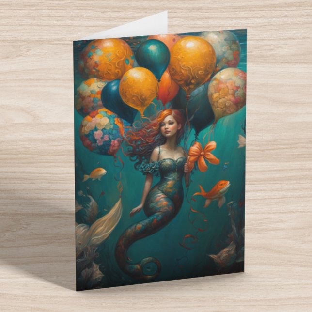 Mermaid Painting Birthday Balloons Karte (Von Creator hochgeladen)
