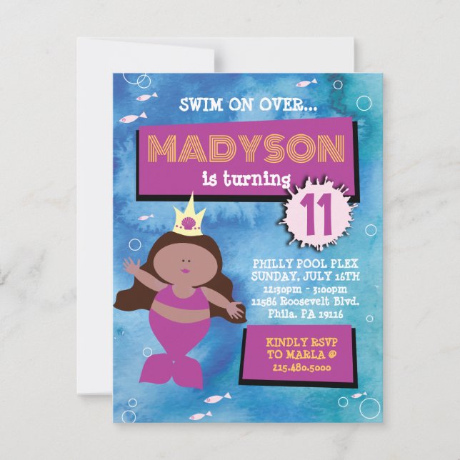 Mermaid Party Blue Gefärbte Krawatte Sea Life Gebu Einladung (Vorderseite)