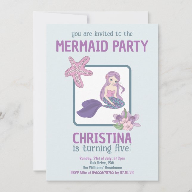 Mermaid Party Girl Geburtstag Aquamarin Lila Einladung (Vorderseite)