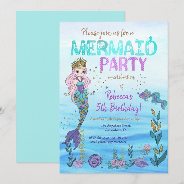 Mermaid Party Lila Aquamariner Glitzer Geburtstag Einladung (Vorne/Hinten)