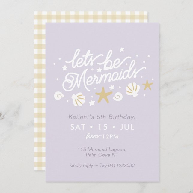 Mermaid Party Lilac & Gingham Girls Geburtstag Einladung (Vorne/Hinten)