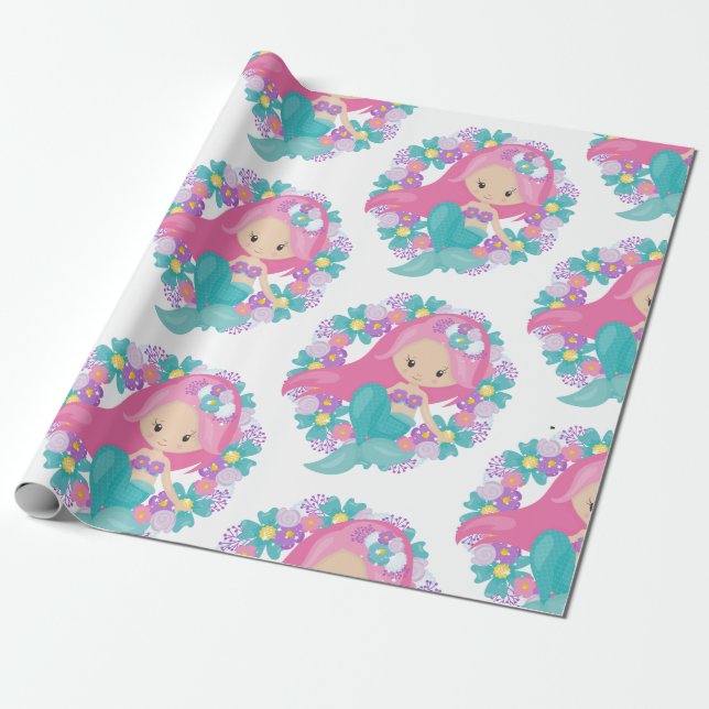 Mermaid Party Weißes Lila Umschlagpapier Geschenkpapier (Ungerollt)